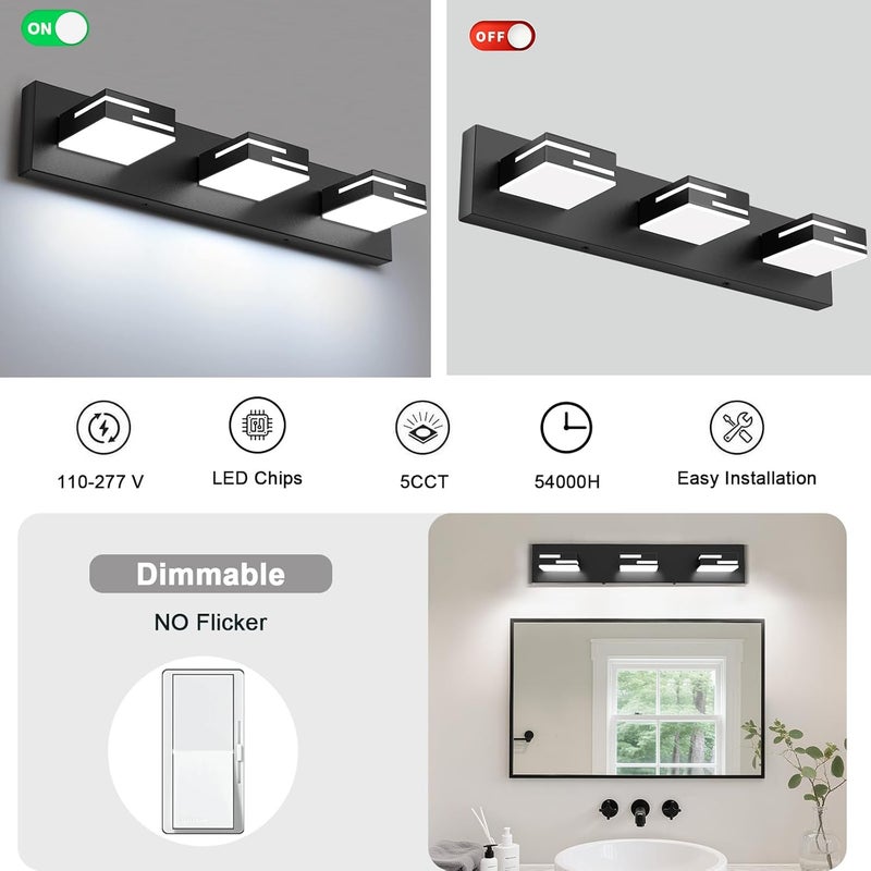 LKHF LED Modern Bathroom Vanity Light Fixtures 3-Light 5CCT Dimmable Matte Black Vanity Lights for Bathroom Lighting Fixtures Over Mirror, with 350° Rotatable Acrylic Heads, 22-inch - Image 4